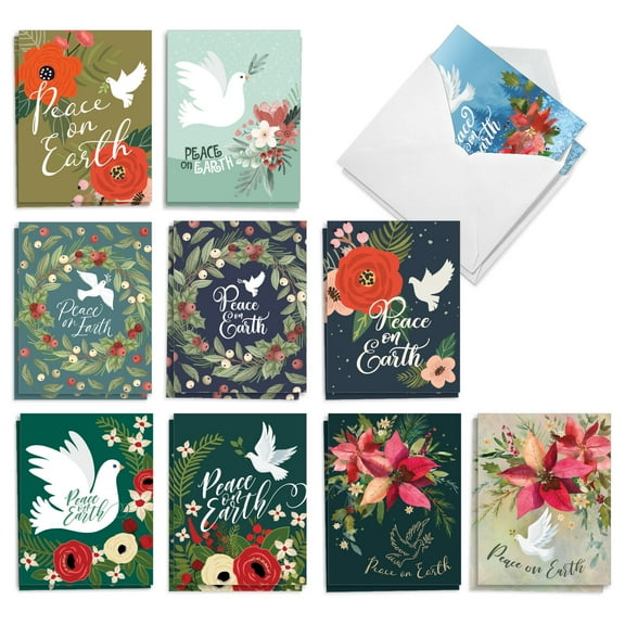 The Best Card Company 20 Assorted Blank Christmas Notecards Boxed Set 4 x 5.12 Inch with Envelopes (10 Designs, 2 Each) Peace On Earth AM10195XSB-B2x10