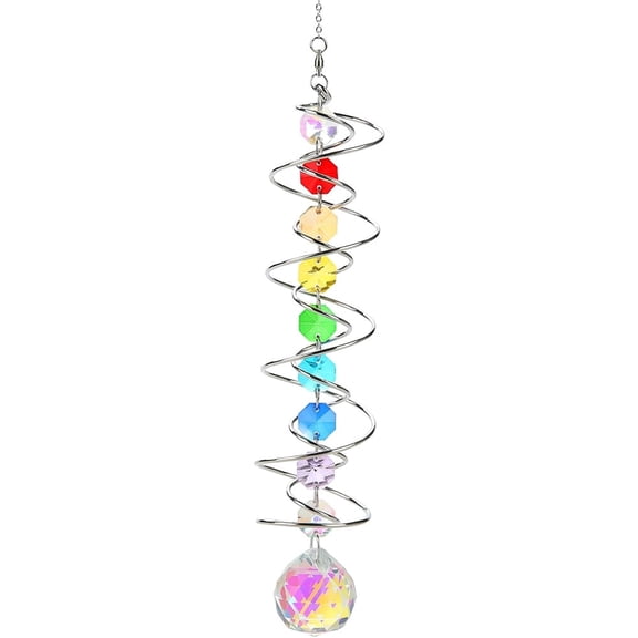 Januofit Wind Spinner Gazing Ball Spiral Tail, Crystal Sun Catchers with Seven Chakra Beads Window Hanging for Indoor Home Outdoor Garden Decor Wedding Birthday Party Gifts for Girl Women Mom