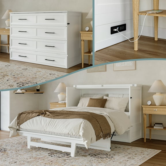 AFI Tucson Full Murphy Bed Chest with 6" Mattress, Drawer & Charger, White