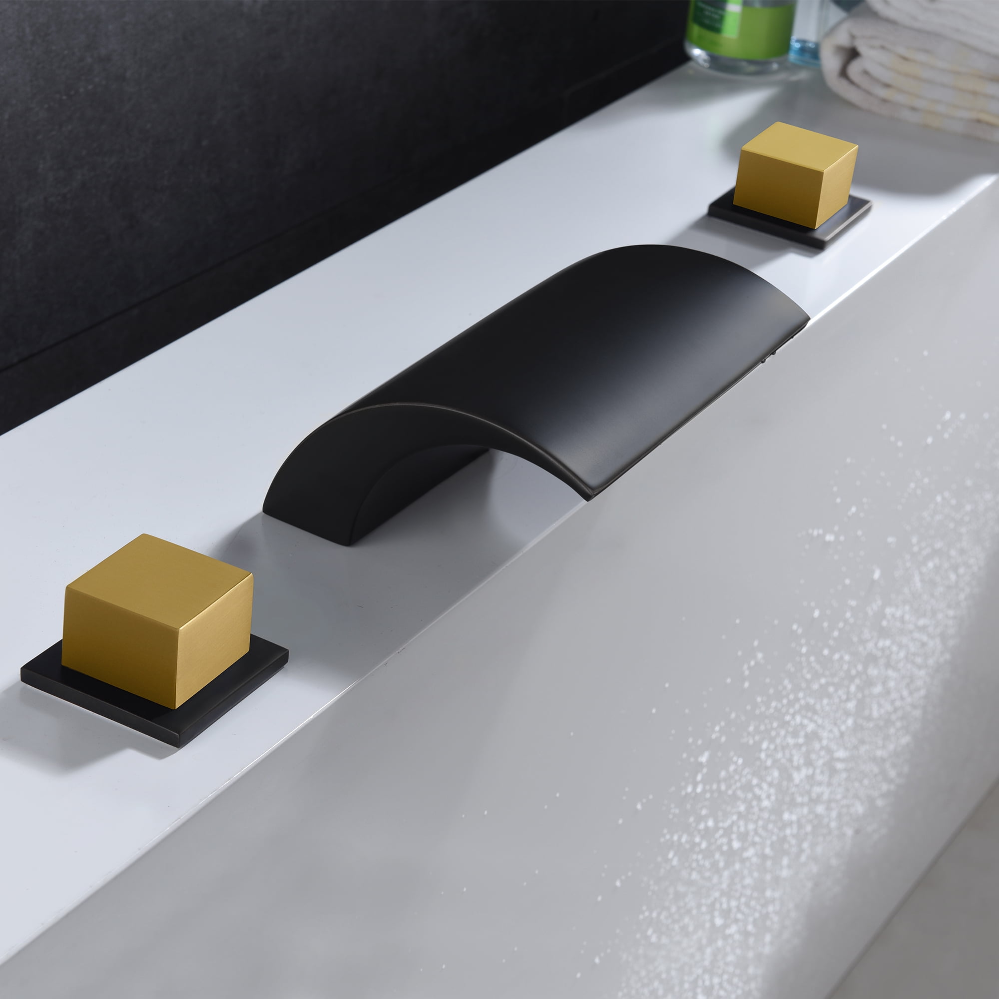 SUMERAIN Roman Bathtub Faucet 3 Hole Deck Mount High Flow Waterfall Tub Filler Black and Gold Finish
