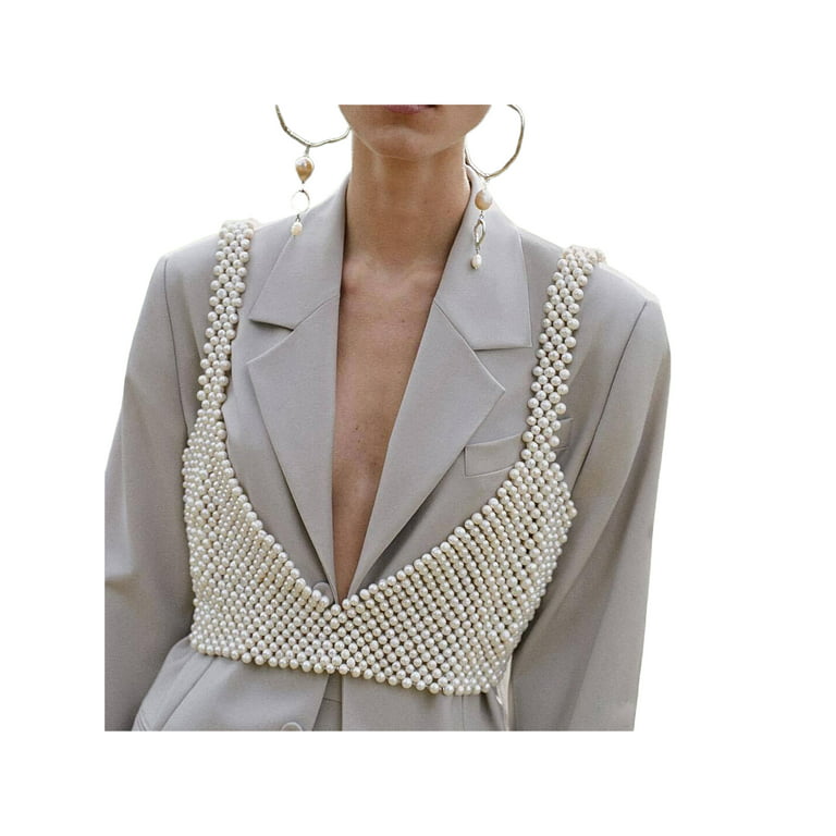 Women's Pearls Bra Beaded Camisole Sling Sleeveless Crop Tops Bra One Size  Stretchy Clubwear Streetwear