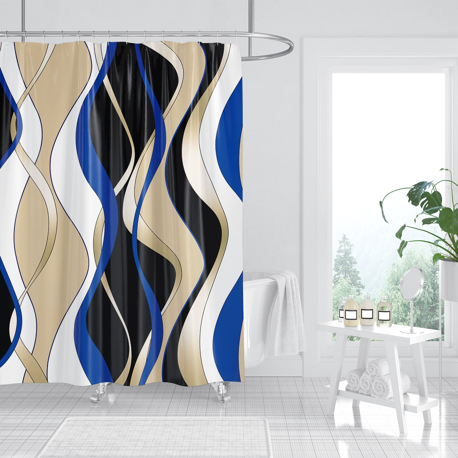 4 Pcs Blue and Yellow Striped Shower Curtain Set Grey and White Bathroom Sets with Shower Curtain and Rugs Modern Home Bathroom Decor Shower Curtains with Rugs and Toilet Lid Cover