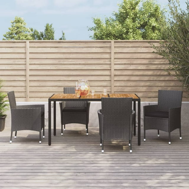 vidaXL 5 Piece Garden Dining Set with Cushions Black Poly Rattan