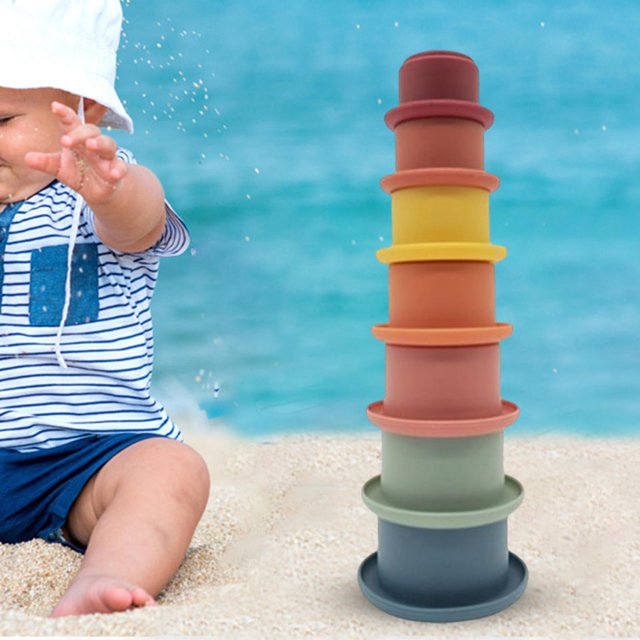 7 piezas divertidas tazas ables juguete/juguetes de bañera aprendizaje clasificación y bloques de construcción silicona suave taza able para Azul CUTICAT Tazas apilables
