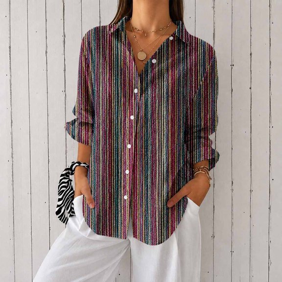 Women's Plus Size Metallic Stripe Print Button Down Shirt, Long Sleeve Collared Casual Blouse