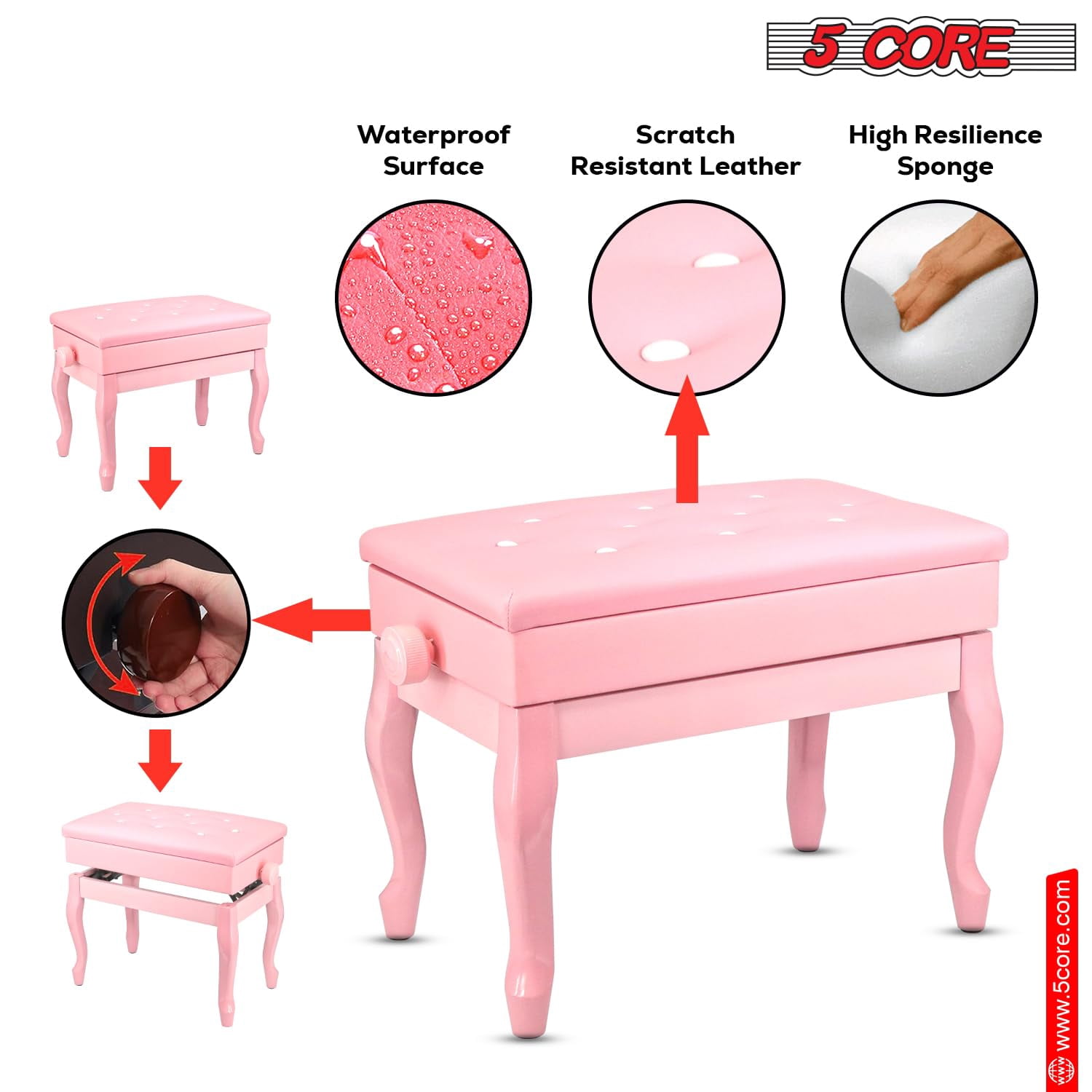 5 CORE Piano Bench with Storage Thick Padded Cushion 3 Inch Adjustable Height Solid Wooden Keyboard Musician Seat with PU Leather Cushion Cherry Pink - PNB WD HD PNK
