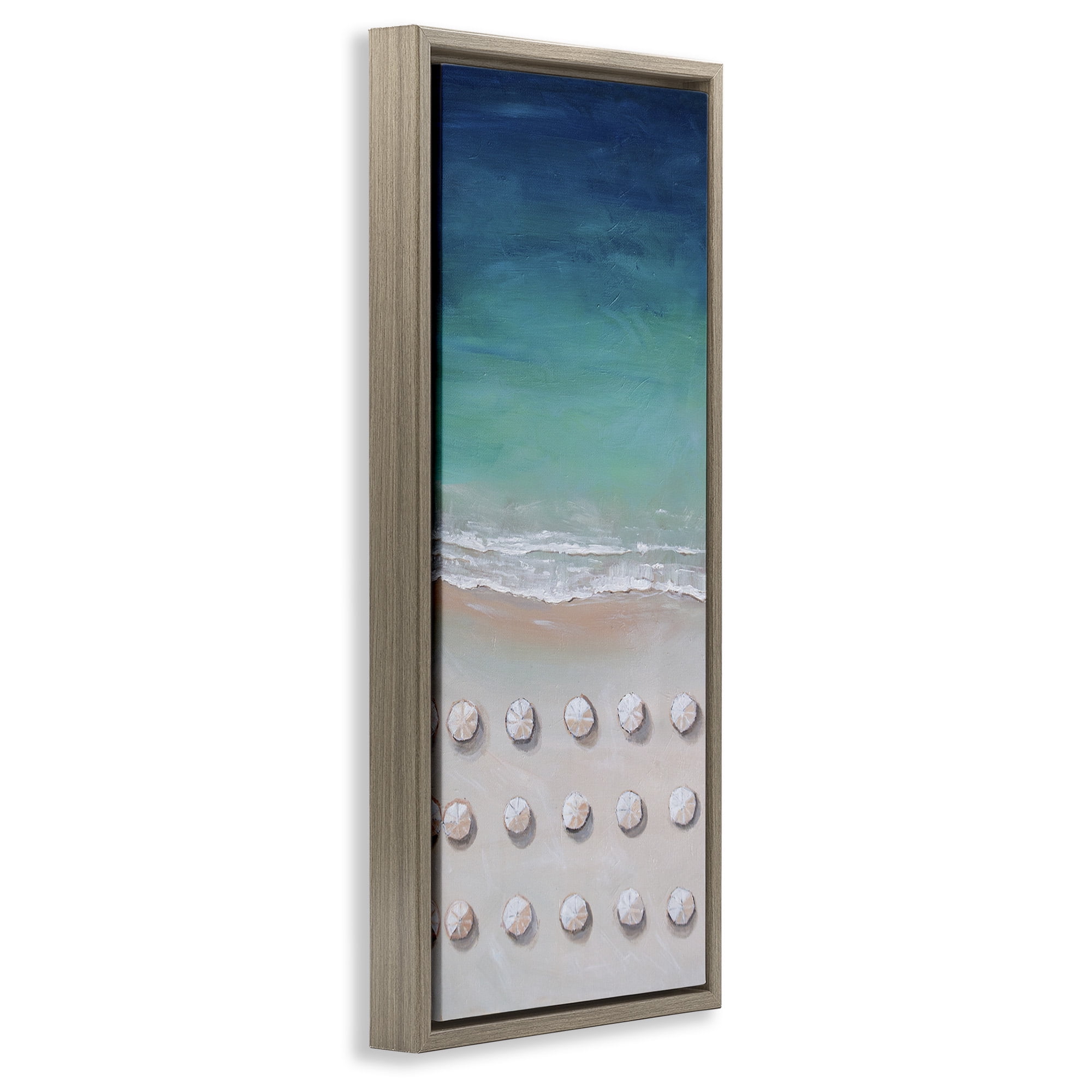 Stupell Industries Aerial Umbrellas on Beach Coast Nature Painting Brown Floater Framed Canvas Art Print Wall Art, 11 x 25