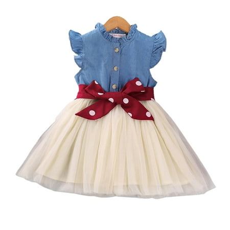 

Chaoren Dress Flying Sleeve Fluffy Casual Girls Denim Mesh Stitching Dress for Going Out
