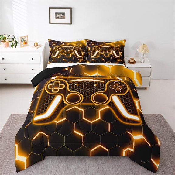 Erosebridal Orange Gamepad Bedding Twin Comforter Set,Honeycomb Hexagon Down Comforter,Teens Bedroom Decor,Reversible,Lightweight,2-Piece