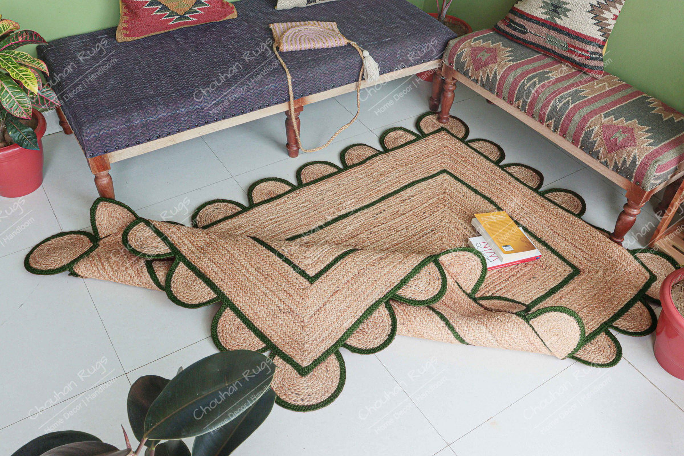 Area Rug Natural Jute Hand Braided Rug Green Scalloped Runner