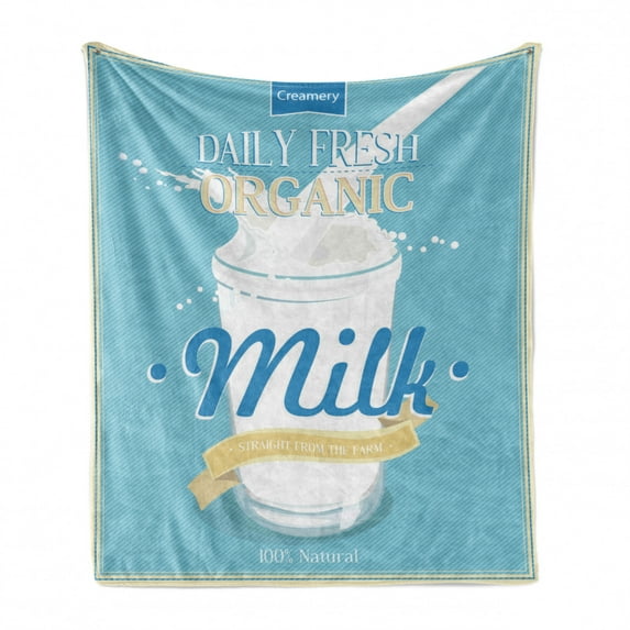 Vintage Blue Soft Flannel Fleece Blanket, Splashing Milk Jar Design with Calligraphic Scripts in Retro Frame, Cozy Plush for Indoor and Outdoor Use, 60" x 80", Baby Blue Cream White, by Ambesonne