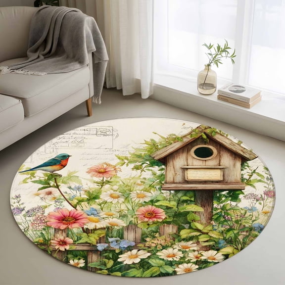 Small Round Rug 3Ft Washable Non-Slip, Spring Floral Circle Area Rugs for Living Room Bedroom, Birds Cabin Daisy Watercolor Botanical Farmhouse Indoor Floor Mats Carpet Runner for Home Decor