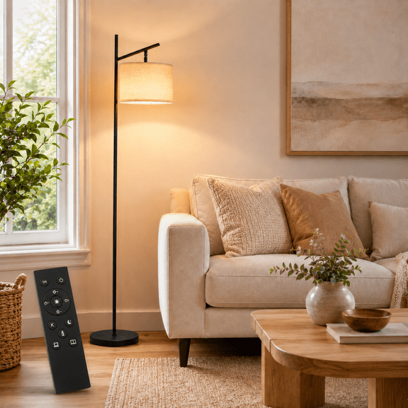 64" Modern Floor Lamp with Remote Control for Living Room, Dimmable LED Floor Lamp with Fabric Drum Shade, Heavy Base, Tall Standing Lamp for Bedroom, Office, Reading Corner