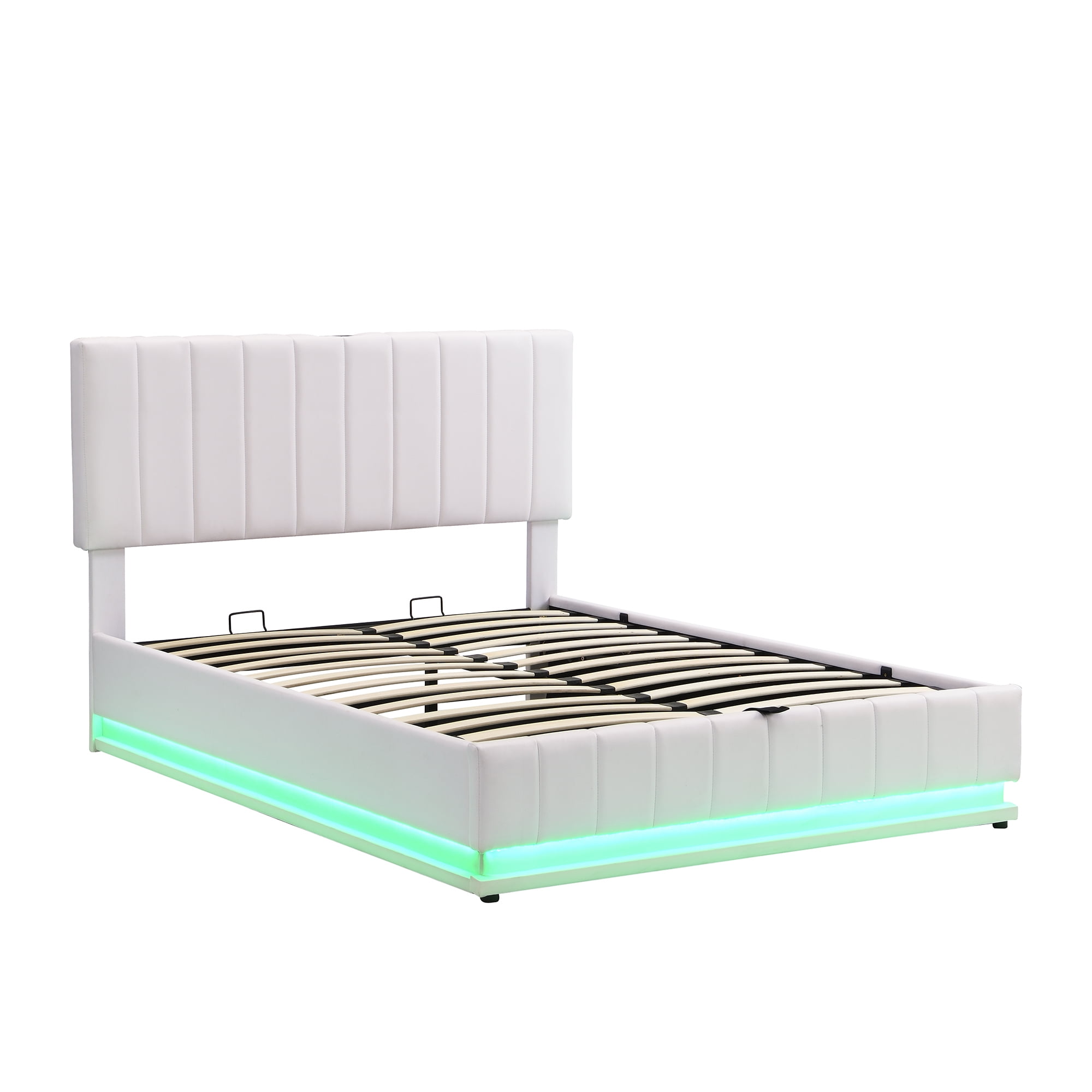 Euroco Full Size Lift up Storage Bed Frame, Modern Upholstered Platform Bed with Wingback Headboard, Hydraulic Underneath Storage with LED Light for Kids Teens, Beige