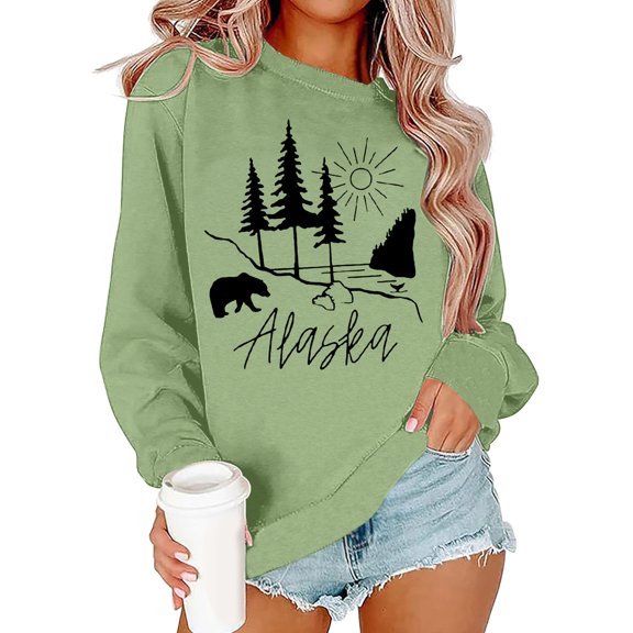 FYEGRE Women's Hoodless Sweatshirt Women Alaska bear print pullover long sleeve sweatshirt Light Green L