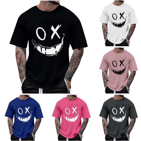 KeShDi Linen Shirts for Men Summer Fashion Casual Men's Round Neck Printed T-shirt Top Black 3X