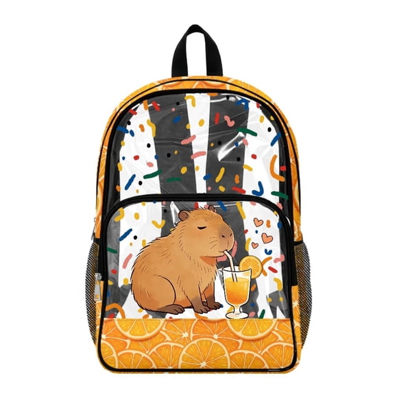 ZIATUBLES Clear Backpack, Heavy Duty Fabric & PVC Transparent Bookbag with Orange Capybara Sprinkle Print, Large Capacity See Through Backpack for School College Work Travel Security