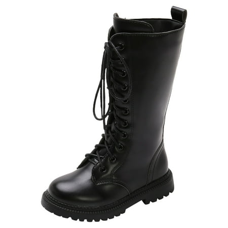 

Huesdet Girl s Boy s Waterproof Leather Side Zipper Mid Calf Boots Outdoor Riding Boots Winter Snow Boots(Black 11-11.5 Years)