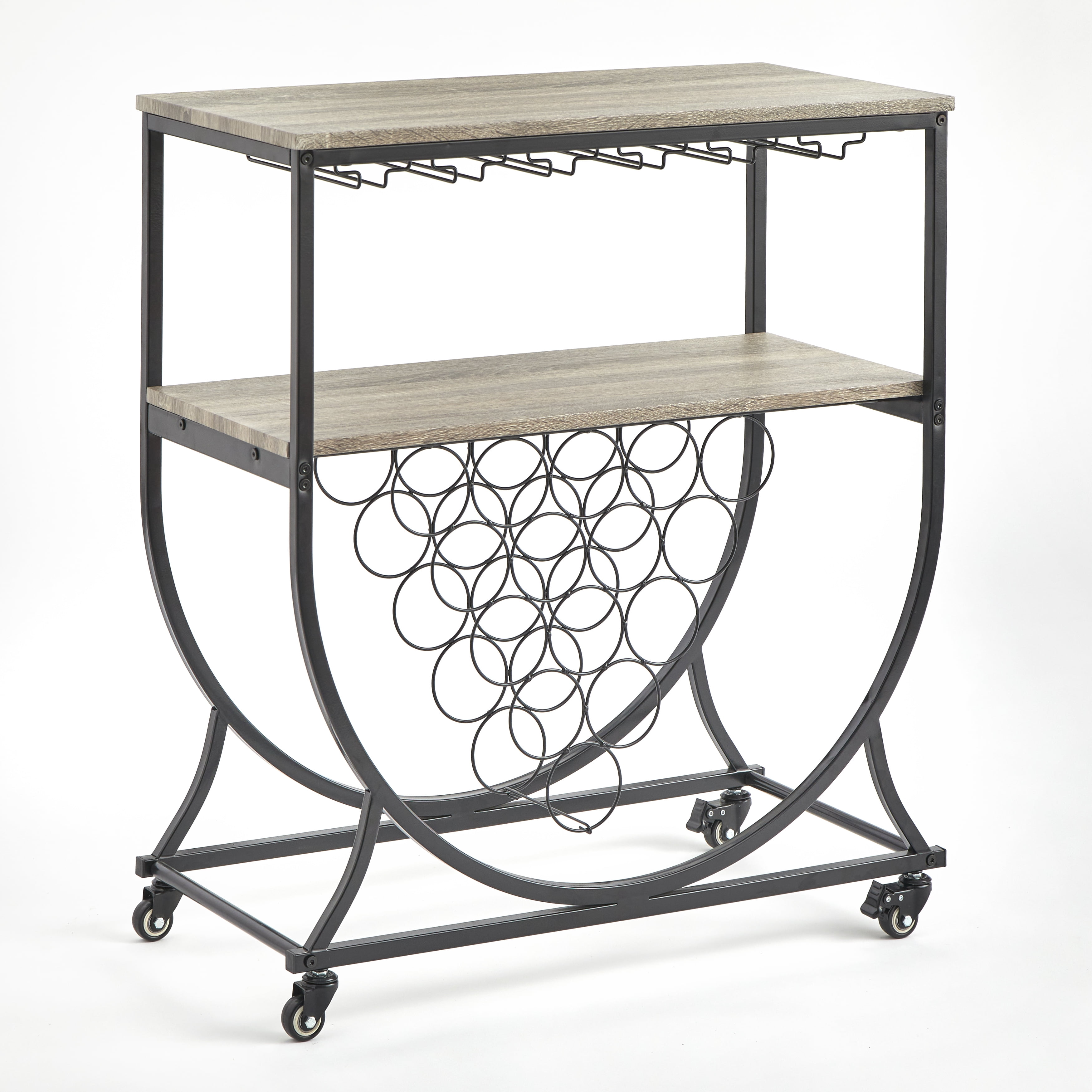 TMS Martino 2-Tier Metal Bar Cart with Wine Storage, Stemware Rack, and Casters, Black