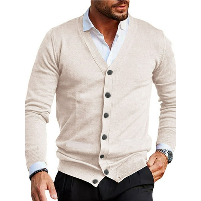 xiaxaixu Men Cardigan, Long Sleeve V Neck Button Closure Sweater Knit Tops for Casual Daily