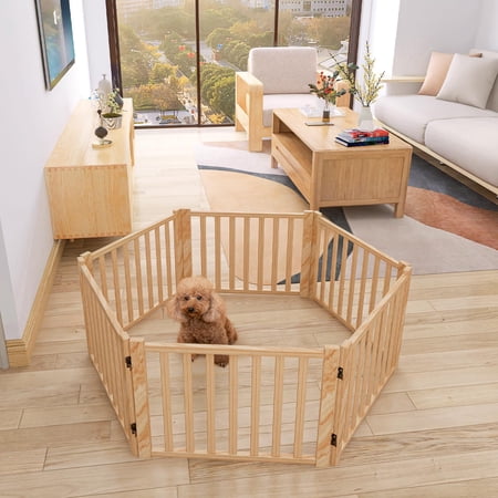 Non-painted Wooden Freestanding Dog Gates For The House Doorways Stairs Wood Fences Indoor Pet Gate Step Over Fence-6 Panel H:16.9 L:138