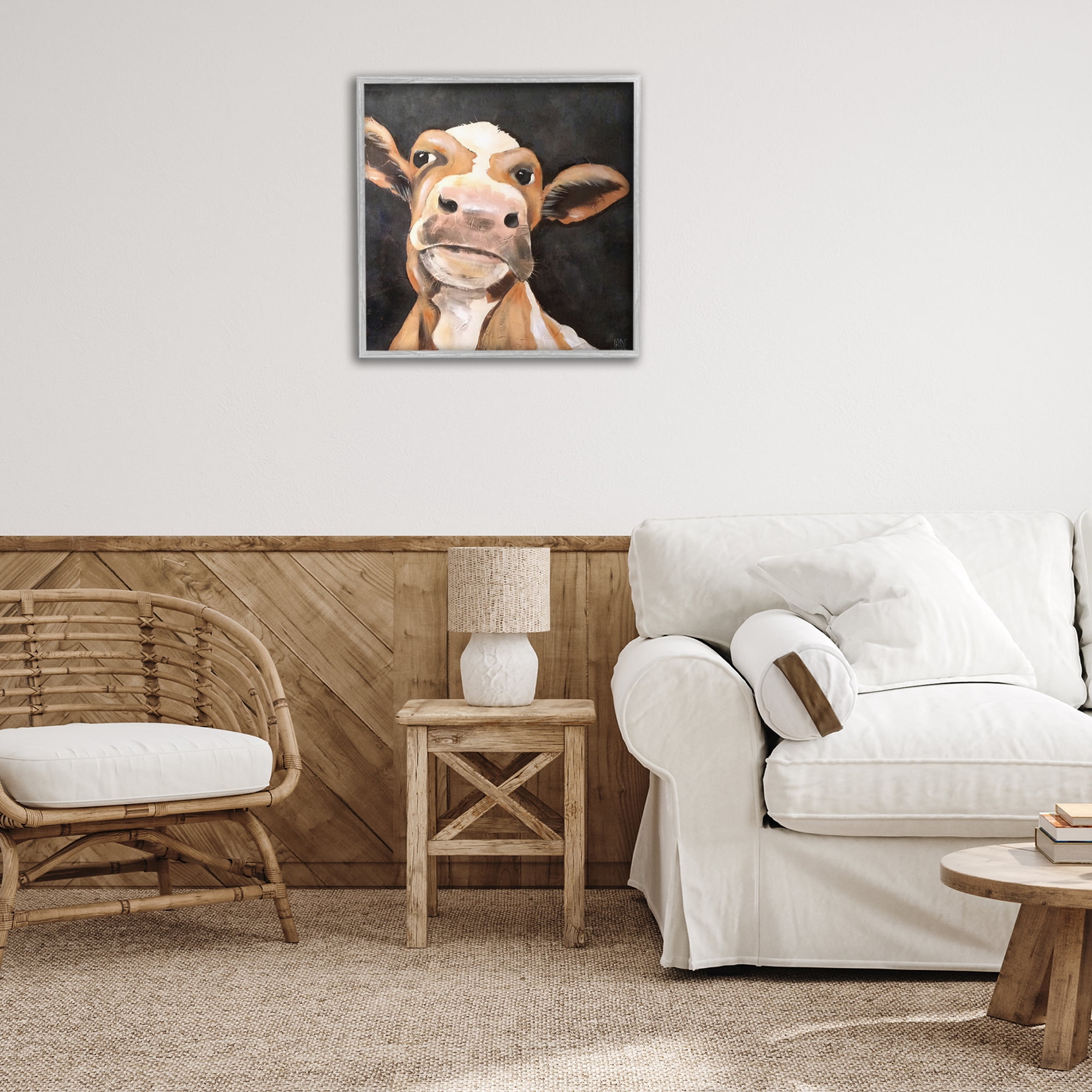 Stupell Industries Country Cow on Black Animals & Insects Painting Gray Framed Art Print Wall Art, 24 x 24