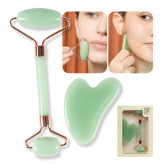 RUBY VIBE CO Jade Roller & Gua Sha Facial Tools Set, Jade Face Sculpting Tool and Facial Massager