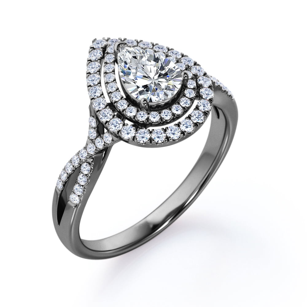 JeenMata 1 Carat Pear Shape Moissanite - Infinity Twisted Shank - Duo Halo Cluster Engagement Ring - 18K Black Gold Plating for Women