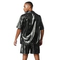 thumbnail image 2 of TiaoBug Men's 2 Piece Summer Outfits Shiny Glossy Semi-Sheer Button Down Shirts and Casual Shorts Set Black L, 2 of 7
