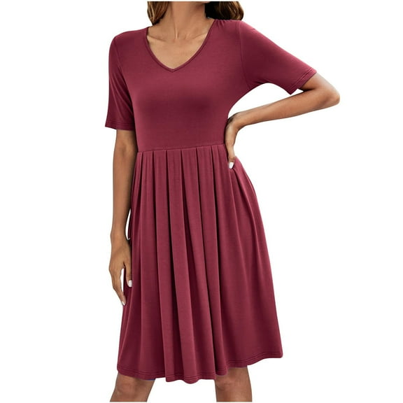 Casual Summer Dresses for Women Short Sleeve V Neck Plain Pleated Dress Simple Comfy Loose Knee Length T Shirts Dress