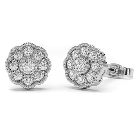 Small Brilliant Cut 925 Sterling Silver Screw Back Post White Gold Plated Round Flower Cluster Halo Cz Circle Stud Earrings