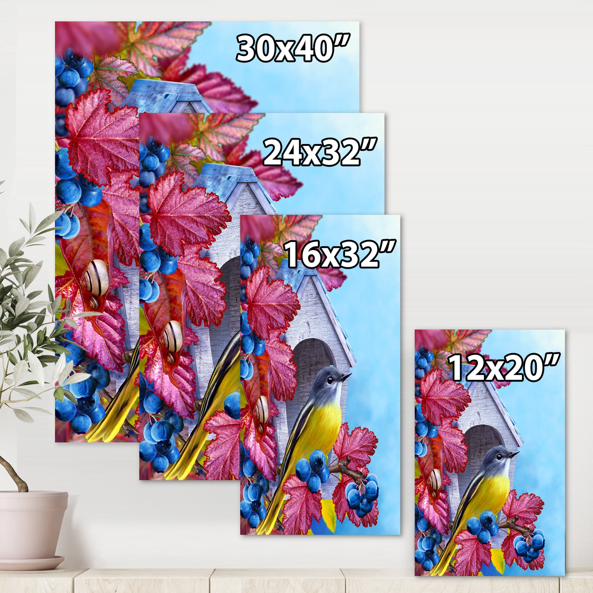 Designart ' Titmouse Bird Sitting On A Berries Branch Near A Birdhouse ' Traditional Canvas Wall Art Print