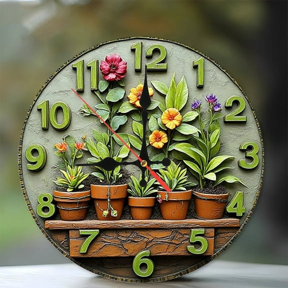 Flower Pot Plant Wall Clock Garden Decor 10-Inch Silent Wooden Wall Clock, Battery Operated (AA Batteries Not Included), Artistic Home Decor