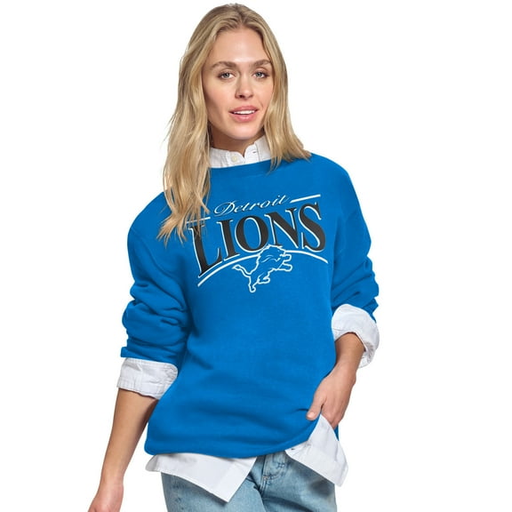 Women's Starter Blue Detroit Lions Arch Stripe Fleece Crewneck Sweatshirt