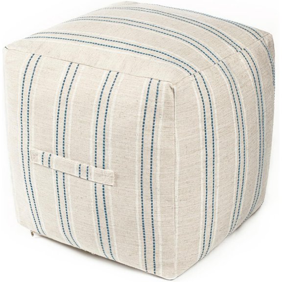 Unstuffed Farmhouse Cover for Living Room, Boho Storage Bean Bag Cubes, Beige with Navy Blue Stitch Yarn Dyed Stripe Square Ottoman Foot Rest Footstool, 18"x18"x18", ONLY