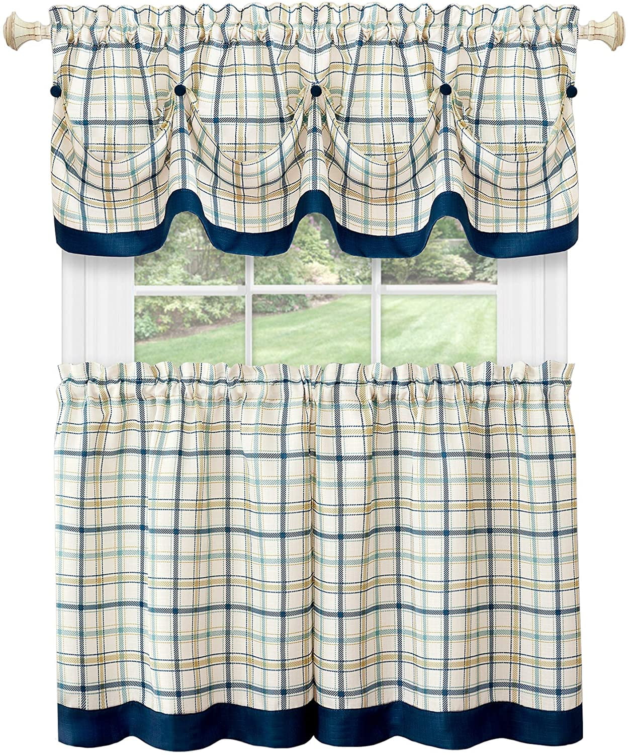 No 918 Blair Farmhouse Plaid Semi-Sheer Tab Top Kitchen Curtain Valance Charcoal/Ecru Off-White 52 x 14