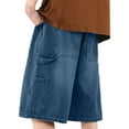 thumbnail image 2 of Jean Shorts Men Baggy Drawstring Elastic Waist Denim Bermuda Shorts with Pockets Summer Casual Hip Hop Knee Length Men Denim Shorts, 2 of 9