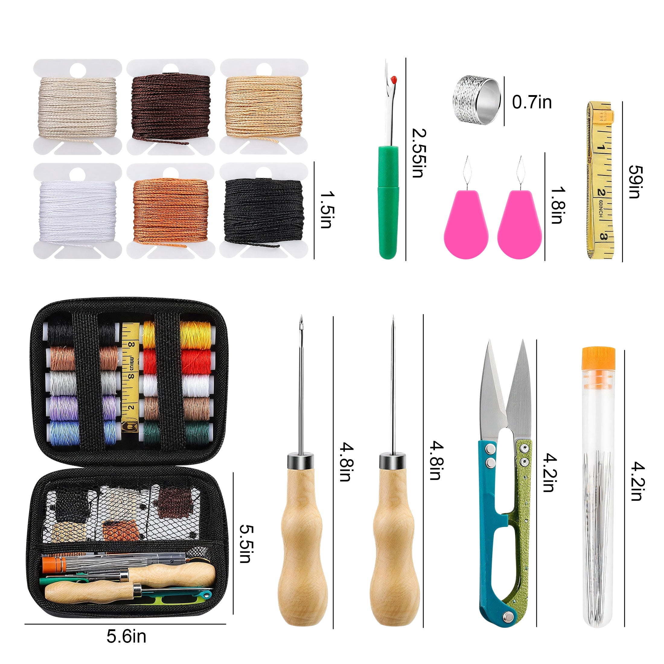 58pcs Leather Sewing Kit, TSV Upholstery Repair Sewing Kit, Heavy Duty Sewing Kit with Sewing Awl, Seam Ripper, Leather Hand Stitching Needles, Threads