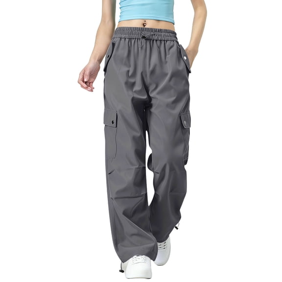 Hurxie Womens Parachute Cargo Pants with Pocket Quick Dry Elastic High Waist Baggy Hiking Pants Dark Gray,L
