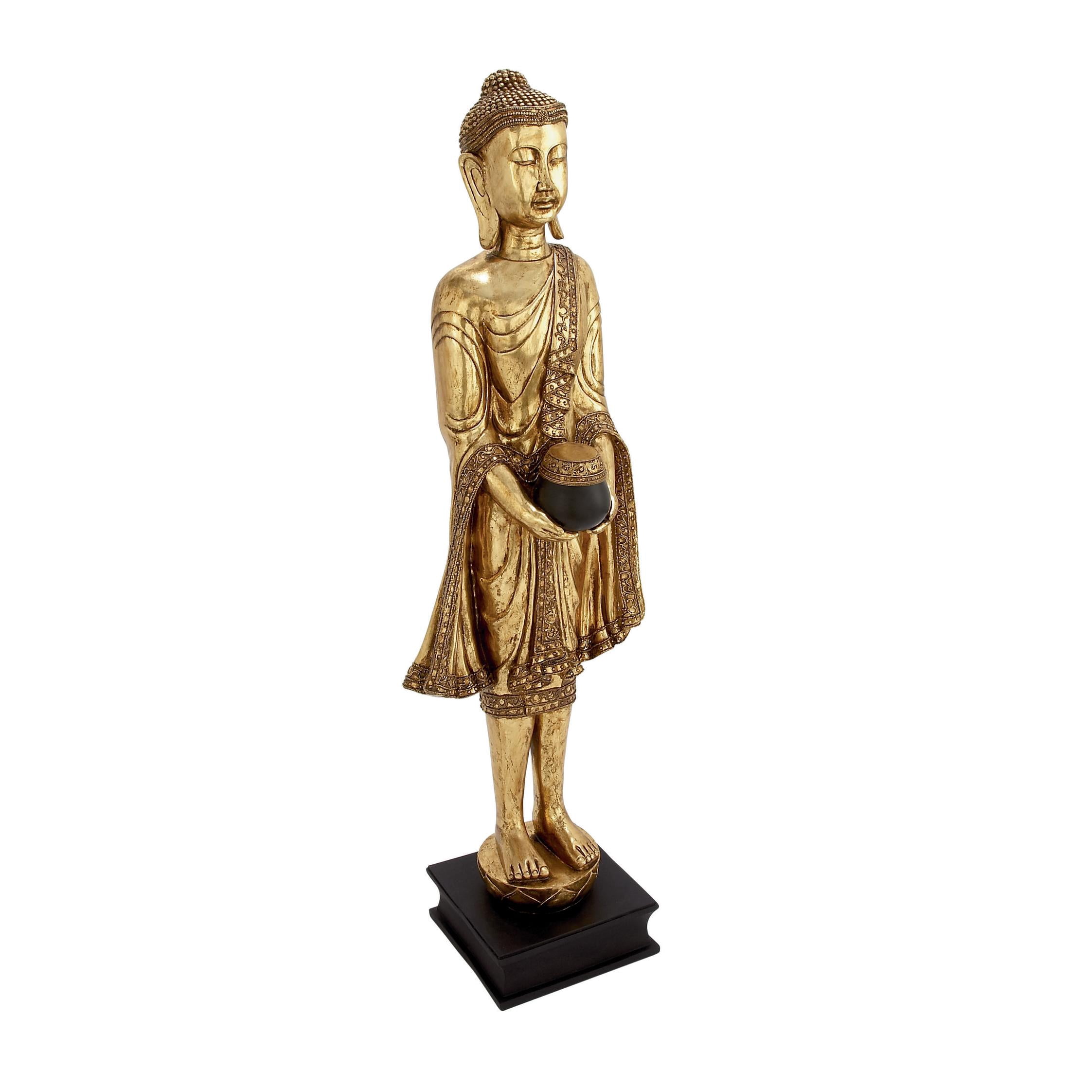 16" x 54" Gold Polystone Standing Floor Buddha Sculpture with Engraved Carvings and Relief Detailing, by DecMode