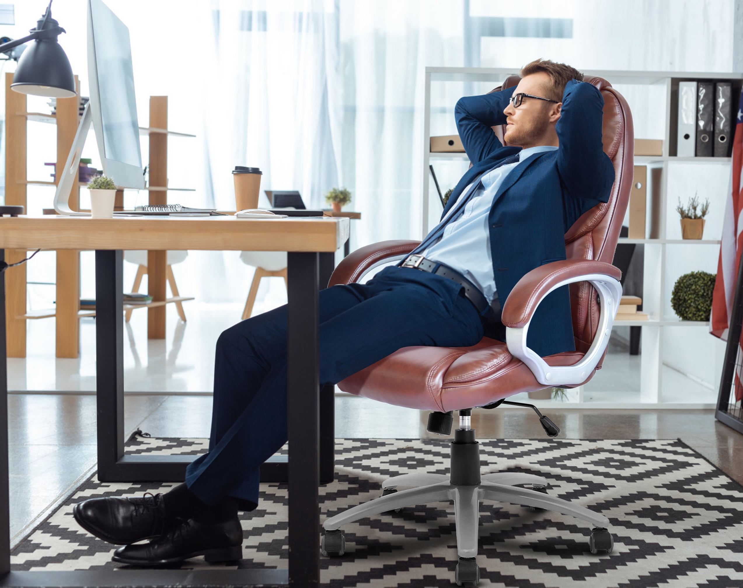 CL.HPAHKL Ergonomic Office Chair, PU Leather Home Office Desk Chairs, Adjustable Height Computer Chair with Armrest and Lumbar Support, Rolling Swivel Comfortable Office Chair Work Chair