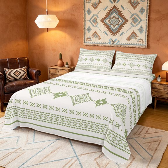 Manfei Southwestern Aztec Bed Sheets, Bohemian Green Beige Fuul Size Sheets, Reversible 4-Piece1 Flat Sheet 1 Fitted Sheet 2 Pillowcases