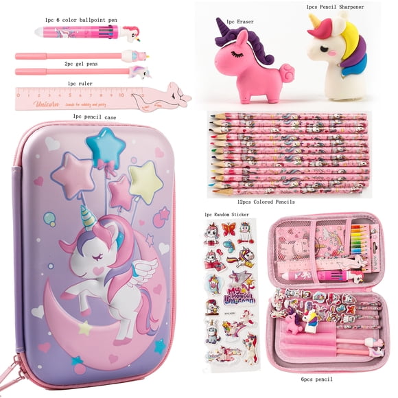 26Pcs 3D EVA Unicorn cute Pencil Case Cartoon Stationery Box Girls Color Pencil Box Student Pen Case School Supplies Ipad Case Unicorn set-26pcs