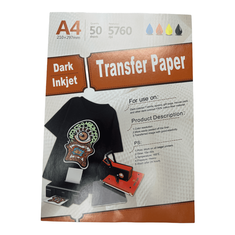 50 Sheets Dark Fabric Inkjet Heat Transfer Paper A4 (8.27 x 11.7) Inkjet  Printable Heat Transfer Paper DARK T-shirt Iron-on 