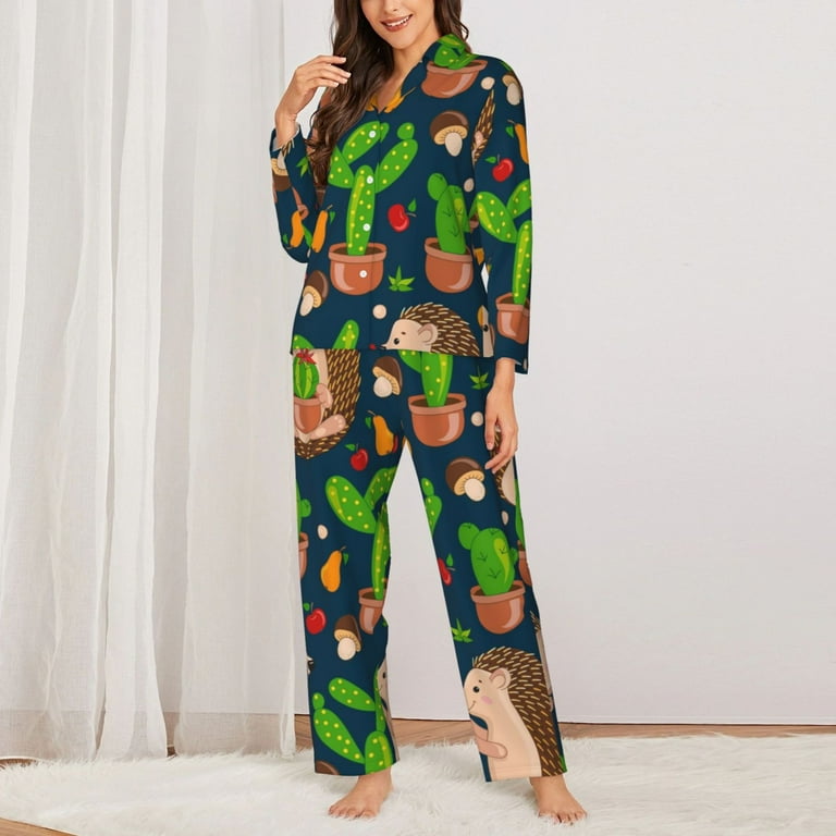 Logiee Cute Hedgehogs Cactus Blue Print Womens Pajamas Set,Long