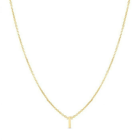14k Solid Yellow Gold Mini Initial I Necklace with Spring Ring Closure, Letter I Pendant 5mm, 0.8mm Cable Chain (18")