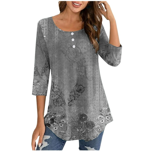 Birdeem Blouse pour Femmes Col Rond Manches 3/4 Boutonnée