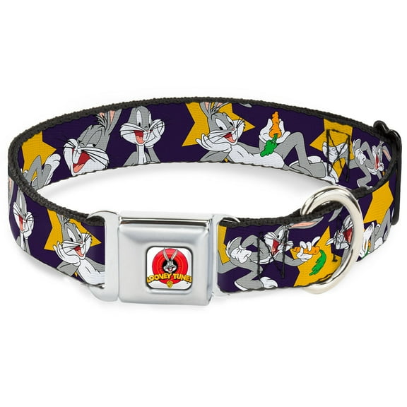 Looney Tunes Pet Collar, Dog Collar Metal Seatbelt Buckle, Bugs Bunny Poses Stars Navy, 13 to 17 Inches 1.5 Inch Wide