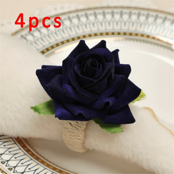Xihbxyly Servilleteros con Diseño de Rosas Artificiales, de Lino Duradero, Ideales para Fiestas, Cocinas, Bares y Bodas (Paquete de 4, 7,5 X 6 Cm)