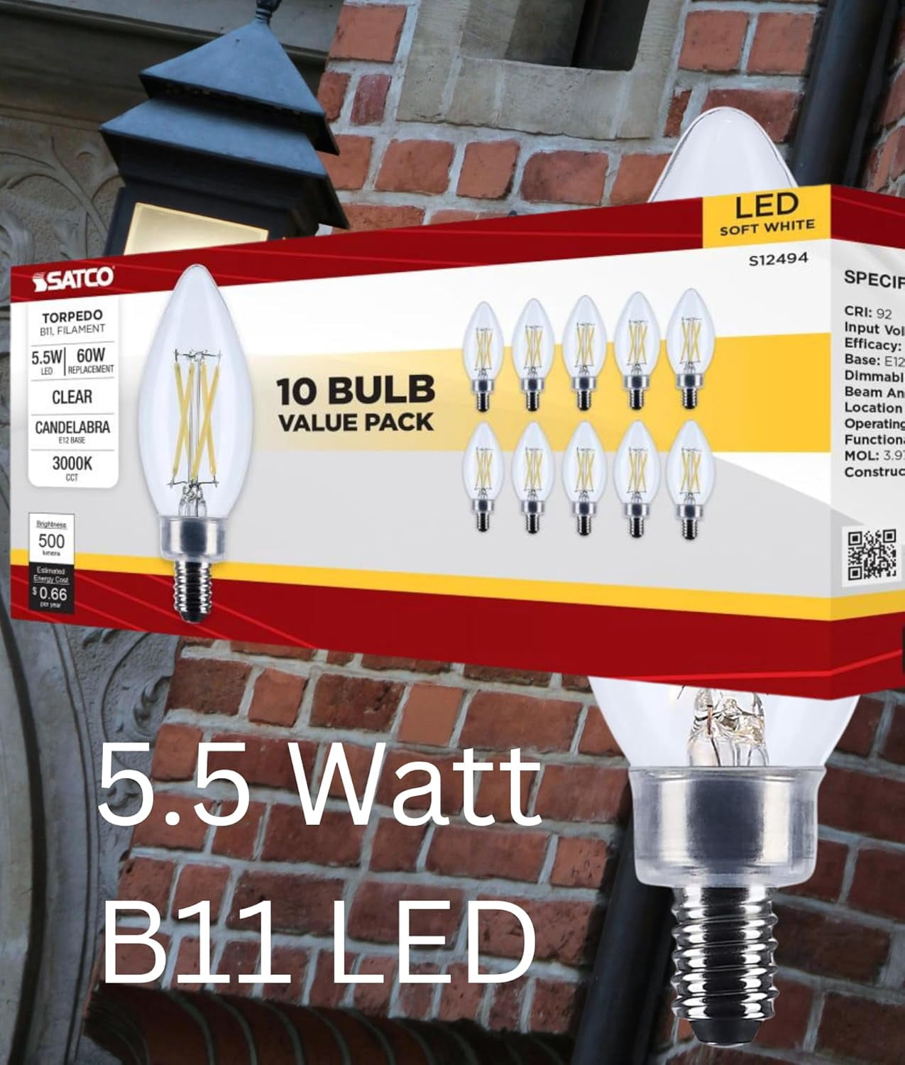Satco S12494 LED Filament B11 Candle Light Bulbs 5.5W 120V 3000K E12 Candelabra Base Dimmable WET Location (10 Pack)
